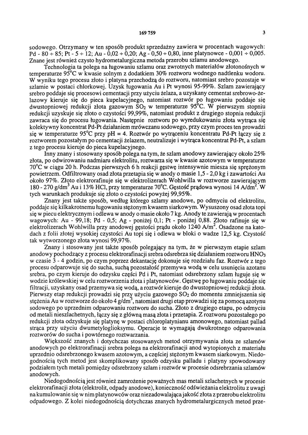 169 759 3 sodowego. Otrzymany w ten sposób produkt sprzedażny zawiera w procentach wagowych: Pd - 80 85; Pt - 5 12; Au - 0,02 0,20; Ag - 0,50 0,80, inne platynowce - 0,001 0,005.