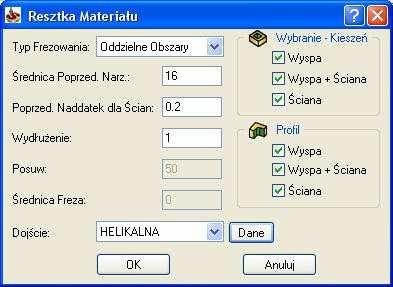 W polu Dojście, wybierz strategię Heliakalna aby zdefiniować sposób wejścia w materiał. Kliknij na przycisk Dane Wyświetli się okno dialogowe Spiralnie. W oknie tym ustaw Promień spirali na 3.