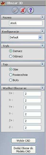 Opcjonalnie można zdefiniować naddatek na model. W tym ćwiczeniu wykorzystamy bryłę dokładnie opisującą model bez naddatków na powierzchniach. Ustawiamy wartość naddatku na 0. Kliknij na model.