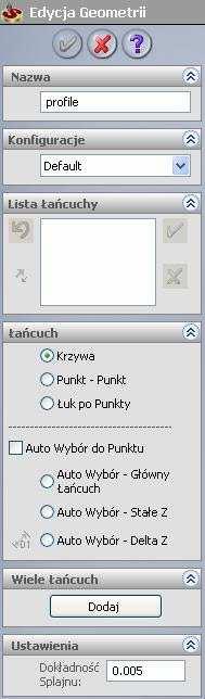 Na tym etapie należy zdefiniować geometrię dla operacji Profil wykorzystując geometrię bryły modelu. Kliknij na przycisk Definiuj w polu Geometria okna dialogowego Operacji Profil.