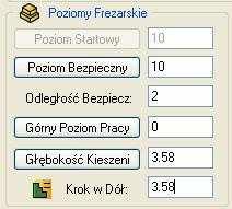 Krok w dół Górny poziom pracy Głębokość Kieszeni W tym przypadku materiał jest obrobiony w jednym przejściu, a więc wartość Krok w