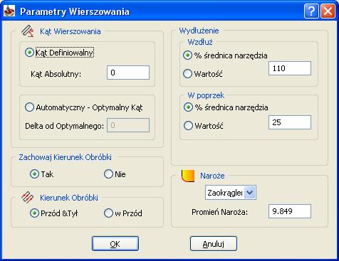 .Głębokość Kieszeni (2) zostanie obliczona Wartość Głębokość Kieszeni wyświetli się w obszarze Poziomy Frezarskie.