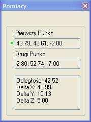 Tryb symulacji Weryfikacji Bryłowej umożliwia pomiar odległości bezpośrednio na bryle modelu w oknie Weryfikacji Bryłowej. Funkcja ta umożliwia sprawdzanie wymiarów liniowych części podczas symulacji.