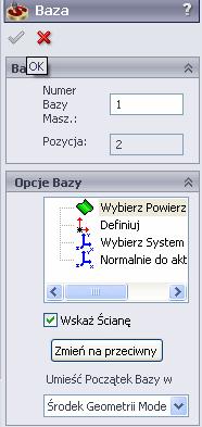 Definiowanie Nowej Bazy. Obróbka wewnętrznych ścian modelu wymaga innego zamocowania. Część musi zostać obrócona i zamocowana w zaciskach jak pokazano obok.