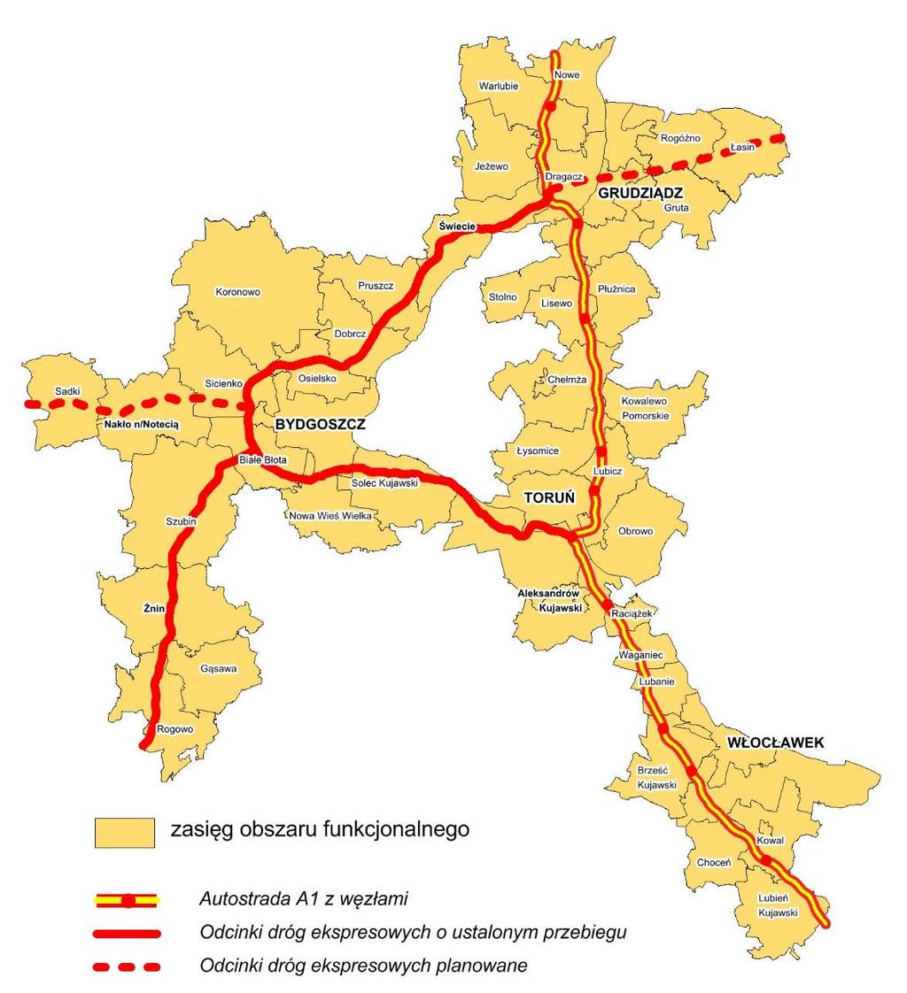 Rysunek 11 Obszar funkcjonalny aktywizacji gospodarczej korytarzy transportowych autostrady i dróg ekspresowych Źródło: Opracowanie własne Opis Obszar funkcjonalny aktywizacji gospodarczej korytarzy