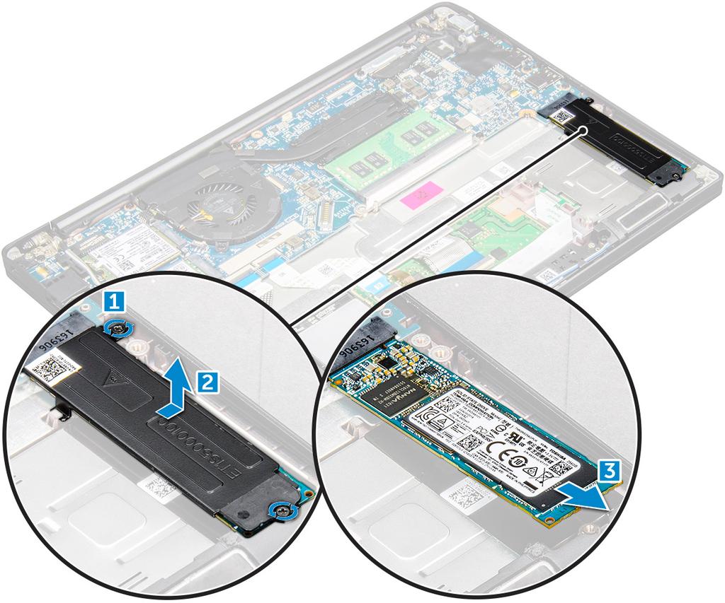 Instalowanie dysku SSD PCIe 1 Umieść kartę z dyskiem SSD PCIe w gnieździe. 2 Zamontuj wspornik dysku SSD na karcie z dyskiem SSD PCIe.