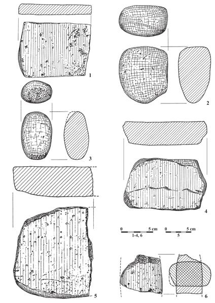 Kamieniarstwo późnoneolitycznych społeczeństw Kujaw 251 Ryc. 93. Bożejewice, gm. Strzelno, stan. 28 (1); Ciechrz, gm. Strzelno, stan. 25 (6); Żegotki, gm. Strzelno, stan. 2 (5), stan. 5 (2-4).