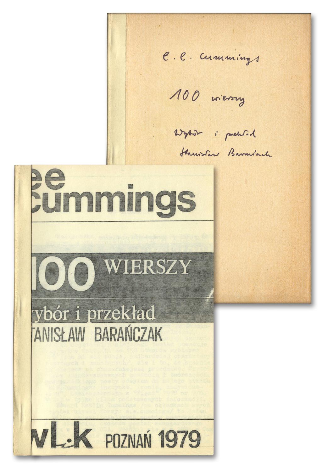 E.E. Cummings, 100 wierszy, wybór i przekład Stanisław Barańczak, układ graficzny i opracowanie plastyczne Stanisław Piotrowski, Witrynka Literatów i Krytyków, Poznań 1979, okładka