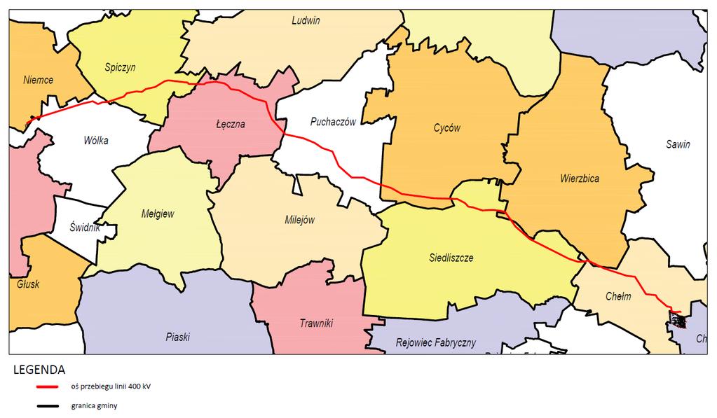 Trasa linii Podstawowa charakterystyka linii 2x400 kv Chełm Lublin Systemowa Szacunkowa łączna długość linii to około 66 km, w tym: Gmina Niemce ok. 1,1 km Gmina Wólka ok.