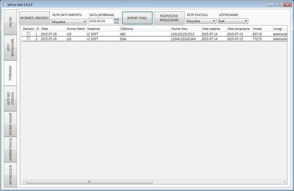 13 7 Zakładka POBRANIA Zakładka służy do rozliczania transakcji na podstawie raportu zwrotu pobrań od firmy InPost. UWAGA!