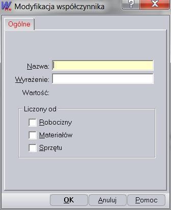 W polu Nazwa wpisujemy nazwę współczynnika. Maksymalna długość nazwy wynosi 100 znaków. W polu Wyrażenie wpisujemy wyrażenie arytmetyczne określające wartość współczynnika.