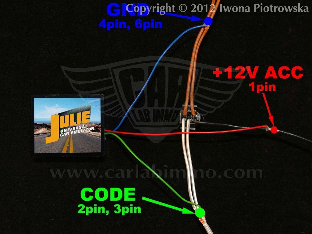 34 VW Zaworek kodowy W Uniwersalnym Emulatorze Julie zlutuj zworki J1, J3, J4 i J5 Dostępny jako program nr 7 Podlączenie w miejscu oryginalnego