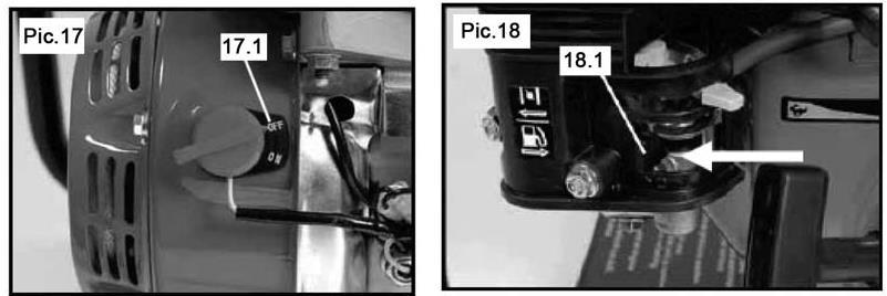 By zatrzymać rębarko-rozdrabniarkę: By wyłączyć silnik należy wyłączyć silnik - wyłącznik w pozycję OFF (rys. 17 17.