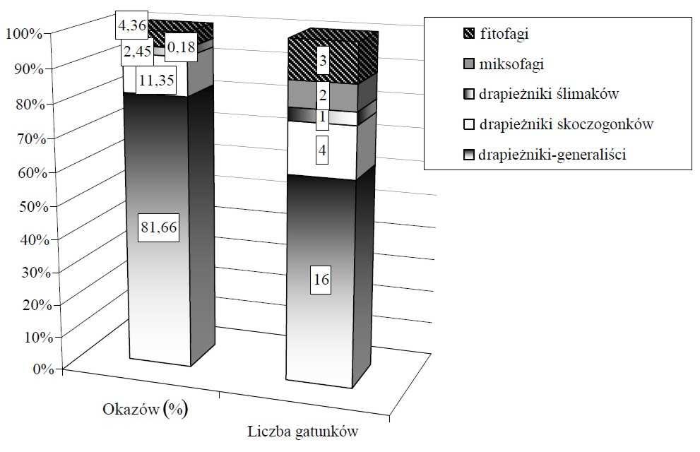 łącznie 11,35% całego materiału. Fitofagi, reprezentowane przez Amara brunnea, Harpalus laevipes i Amara similata nie są liczne stanowią 4,36% okazów. Dwa gatunki Harpalus progrediens oraz H.