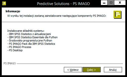 Drugi krok instalatora przedstawia informację o wszystkich składnikach instalowanych w ramach rozwiązania PS IMAGO.