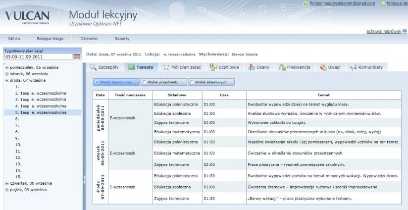 Prowadzenie dzienników oddziałów według standardów klas 1-3 Tematy można wyświetlić w układzie: Tygodniowym ( ) widoczne są wszystkie lekcje oddziału dla danego przedmiotu z uwzględnieniem