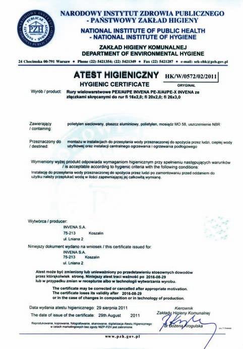 5. DOKUMENTY I DOPUSZCZENIA GWARANCJA FIRMY INVENA SYSTEM PEX Firma Invena z Koszalina udziela 10 letniej gwarancji na bezawaryjne działanie systemu instalacji sanitarnych licząc od daty uruchomienia