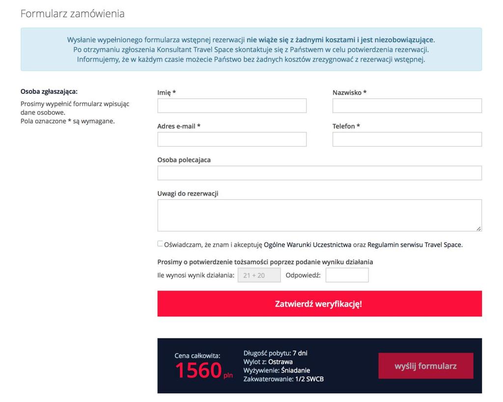Formularz wstępnej rezerwacji: Uzupełniamy ten formularz w przypadku klienta zainteresowanego konkretną ofertą. Dane klienta wpisujemy w polach: Imię, Nazwisko, Adres E-mail, Telefon.