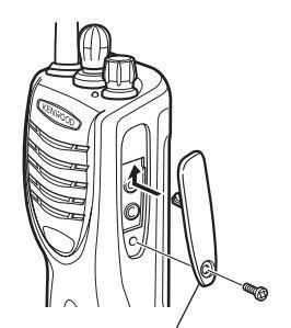 temperatury OSTRZEŻENIE Nie należy używać kleju, który zapobiega wypadaniu śrub, podczas montowania zaczepki do paska, może to spowodować uszkodzenia radiotelefonu.