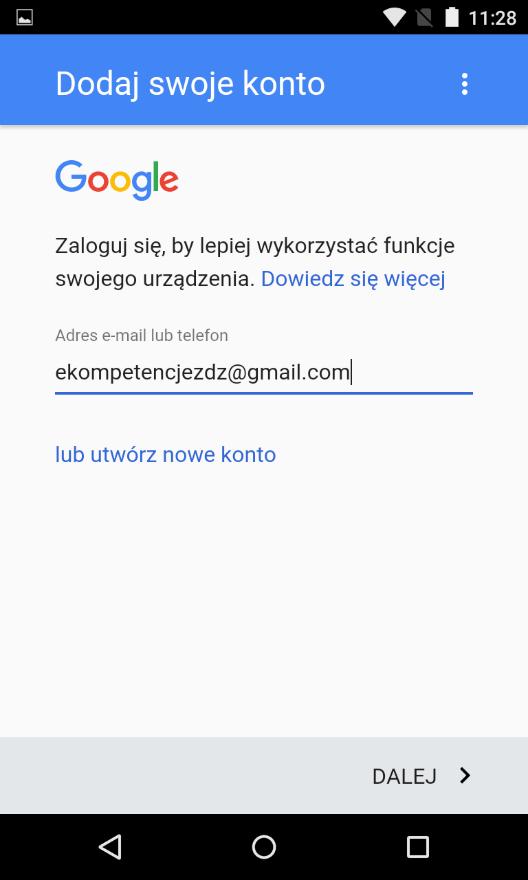 Konto Google - dodawanie Podajemy adres e-mail