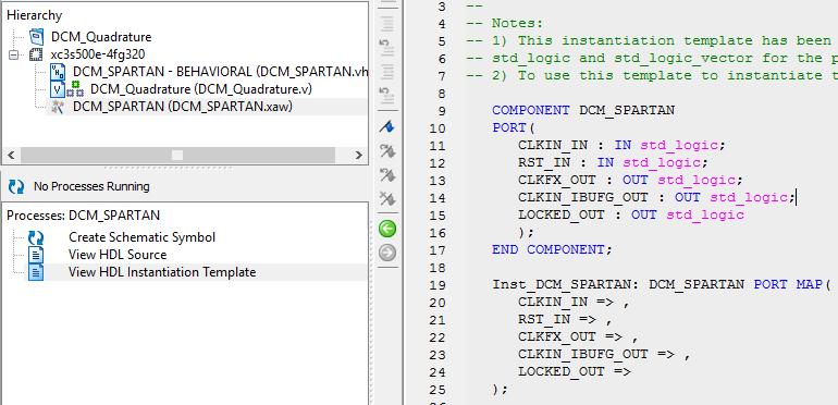 Po zaznaczeniu pliku DCM.xaw pojawi się dodatkowe okno: klikając View HDL Instantion Template, zobaczymy dokładny przepis na dodanie komponentu do projektu.