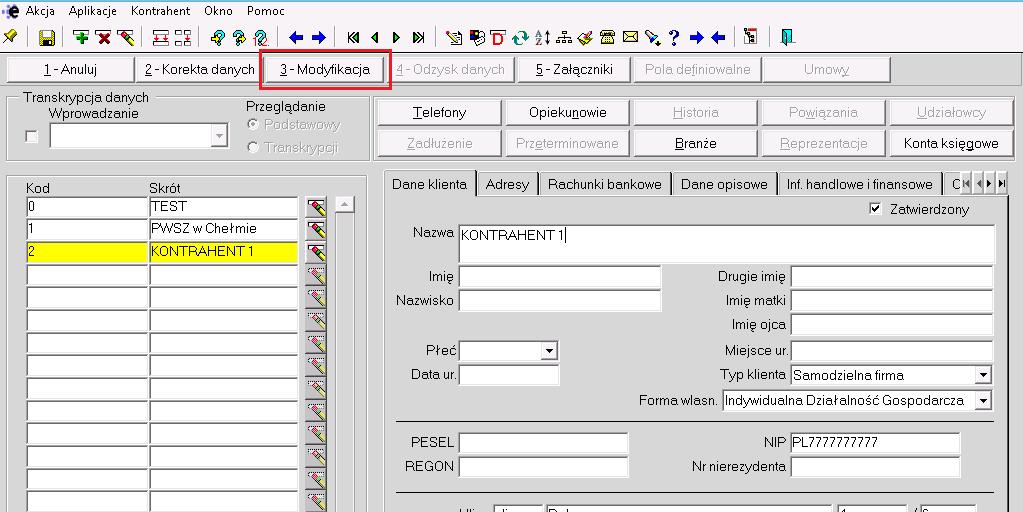 Otworzy się okno Modyfikacja danych kontrahenta.