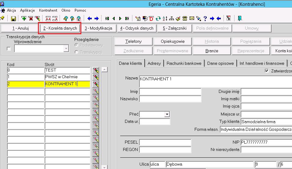 Korekta danych Na wybranym kontrahencie, którego dane chcemy skorygować, wciskamy przycisk