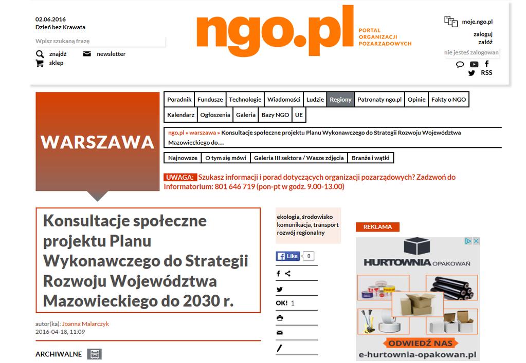 Rysunek 2.8 Ogłoszenie informacji o konsultacjach społecznych projektu Planu wykonawczego wraz z Prognozą zamieszczone na stronie internetowej www.ngo.pl Źródło: www.ngo.pl 3.