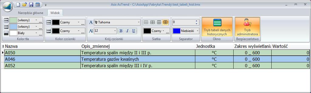 AsTrend Rysunek: AsTrend - tryb tabeli danych historycznych - kontekstowa zakładka 'Widok'. 2.33 Zmiana palety kolorów W programie AsTrend istnieje możliwość zdefiniowania domyślnej palety kolorów.