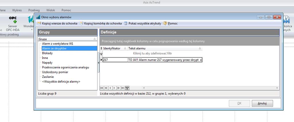 AsTrend 2.9.1.5 Dodanie alarmu SQL UWAGA: Dodanie alarmu SQL stosuje się wyłącznie dla alarmów, których archiwa zdarzeń przechowywane są w bazie SQL.