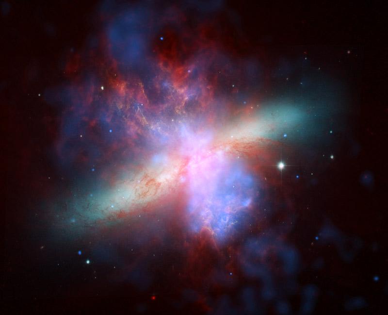 Astronomia multi-wavelength Przykład: galaktyka M82 (IR, X, widzialne) Astronomia orbitalna dostarcza fotografii nieba we wszystkich długościach fal w zdumiewającej jakości i rozdzielczości.