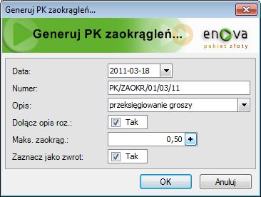 Należy uzupełnić następujące parametry: Generuj PK zaokrągleń Numer - należy nadać numer dla dokumentu PK, Opis -należy nadać opis dla dokumentu PK, Dołącz opis roz.