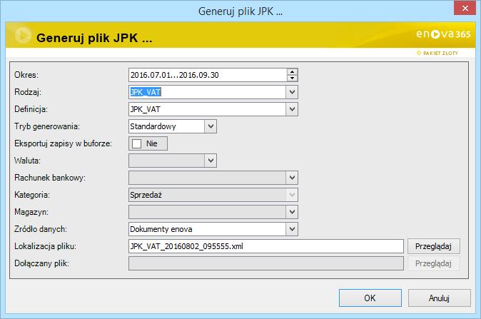 Listę można odfiltrować po Okresie, za który generowane są pliki oraz po Rodzaju plików JPK.