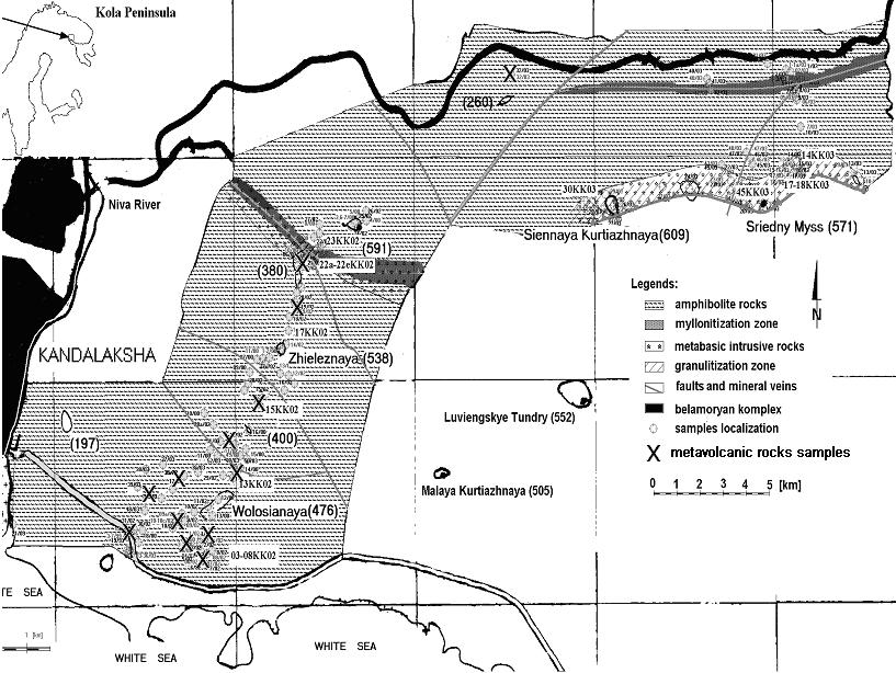 2 CHARAKTERYSTYKA MINERALOGICZNO PETROGRAFICZNA METAWULKANITÓW WSTĘP Nad Morzem Białym w okolicy Kandalakszy w Kandalakszskich Tundrach odsłaniają się skały zaliczane do Laplandzkiego Pasa