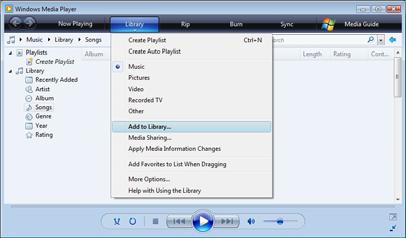 Kliknij przycisk OK. Udostępnianie folderów W programie Windows Media Player wybierz w menu pozycję Library (Biblioteka) i wybierz polecenie Add to Library (Dodaj do biblioteki).
