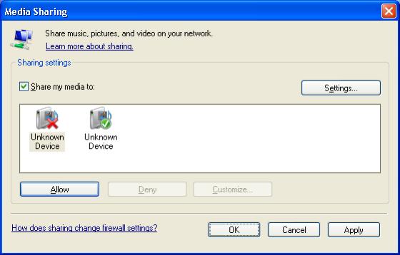 Windows Media Player v11 w systemie operacyjnym Windows XP 1 Udostępnianie sieci 2 W programie Windows Media Player wybierz w menu pozycję Library (Biblioteka), a następnie wybierz opcję Media
