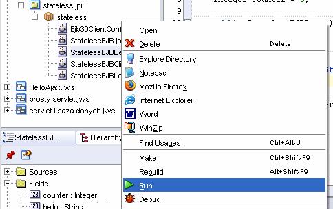 Po wykonaniu poprzednich czynności należy uruchomić utworzonego beana wewnątrz wbudowanego serwera aplikacji (OC4J) opcja: Run Oraz przeanalizować wyświetlane komunikaty