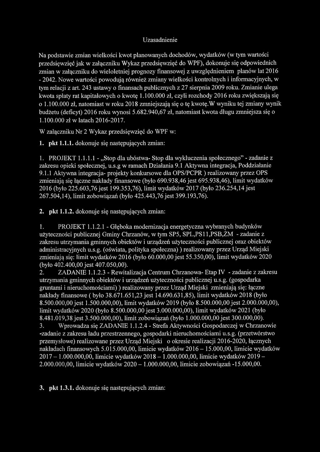 243 ustawy o finansach publicznych z 27 sierpnia 2009 roku. Zmianie ulega kwota spłaty rat kapitałowych o kwotę 1.100.000 zł, czyli rozchody 2016 roku zwiększają się o 1.100.000 zł, natomiast w roku 2018 zmniejszają się o tę kwotę.