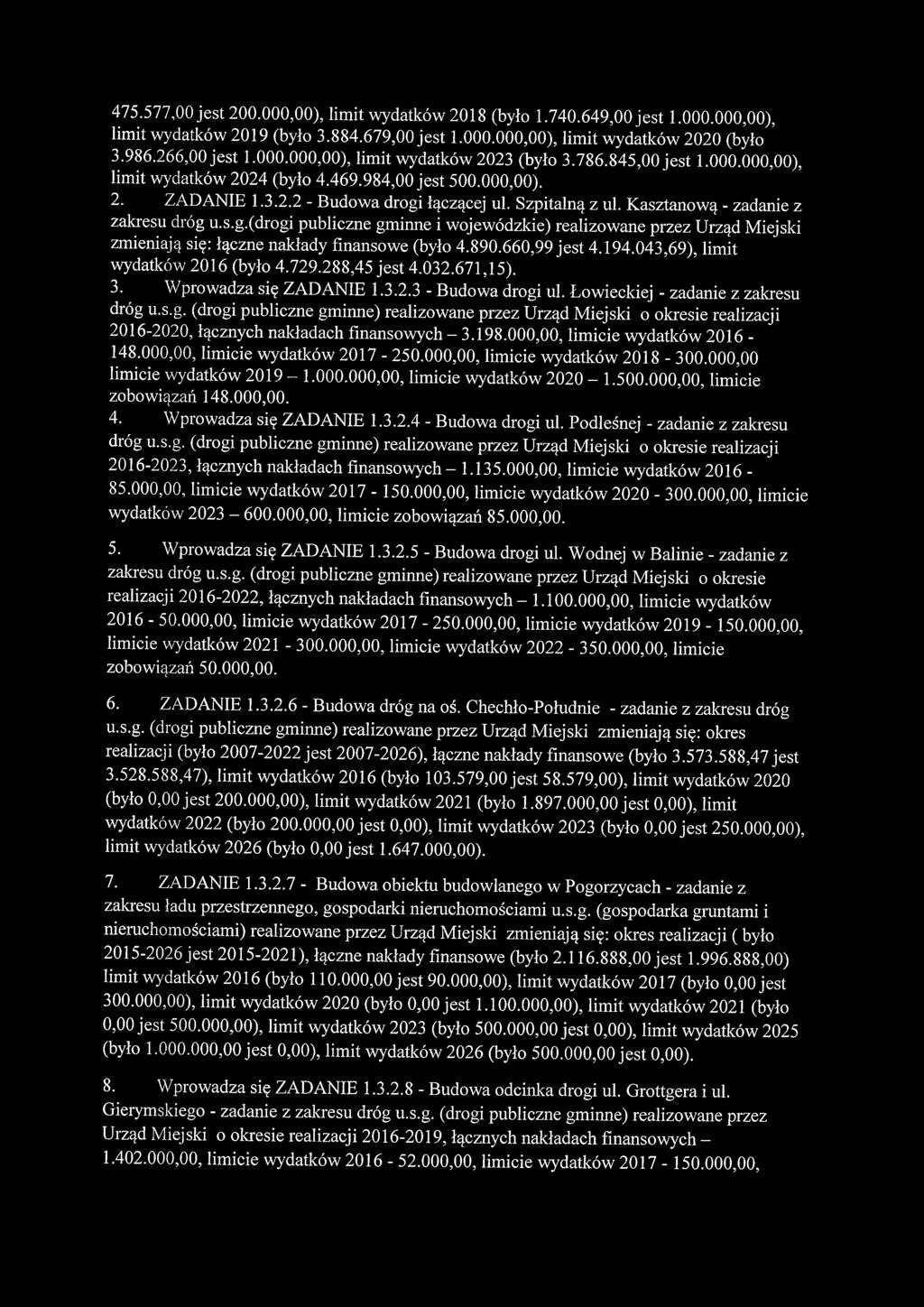 łączącej ul. Szpitalną z ul. Kasztanową - zadanie z zakresu dróg u.s.g.(drogi publiczne gminne i wojewódzkie) realizowane przez Urząd Miejski zmieniają się: łączne nakłady finansowe (było 4.890.