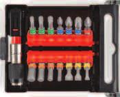 Końcówki mają różne kolory w celu szybszego rozpoznawania i są dostarczane w poręcznym pudełku. Zawartość: Torx: 15, 20, 25 Krzyżakowe: Nr 1, Nr 2, Nr 3. Pozidriv: Nr 2 Płaskie: 4.0,5.