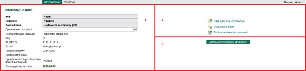 Menu Użytkownik 3. Menu Użytkownik Menu Użytkownik podzielone jest na 3 sekcje, które przedstawiają odpowiednio informacje o użytkowniku, dostępne funkcje oraz podgląd uprawnień w aplikacjach. 1.