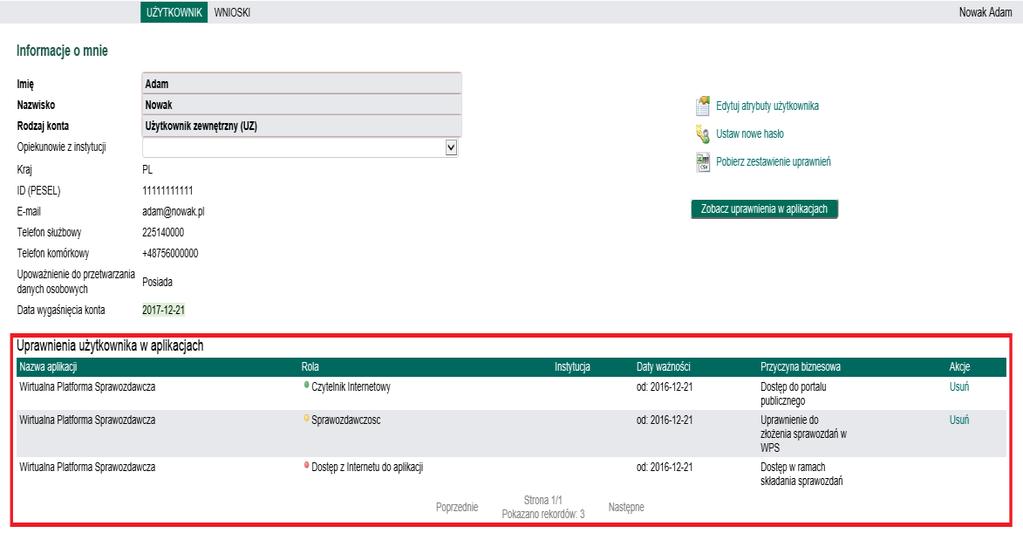 Pobierz zestawienie uprawnień - funkcjonalność pozwala na wygenerowanie w postaci pliku Excel zestawienia wszystkich uprawnień użytkownika zewnętrznego, wyłącznie w aplikacjach obsługiwanych przez