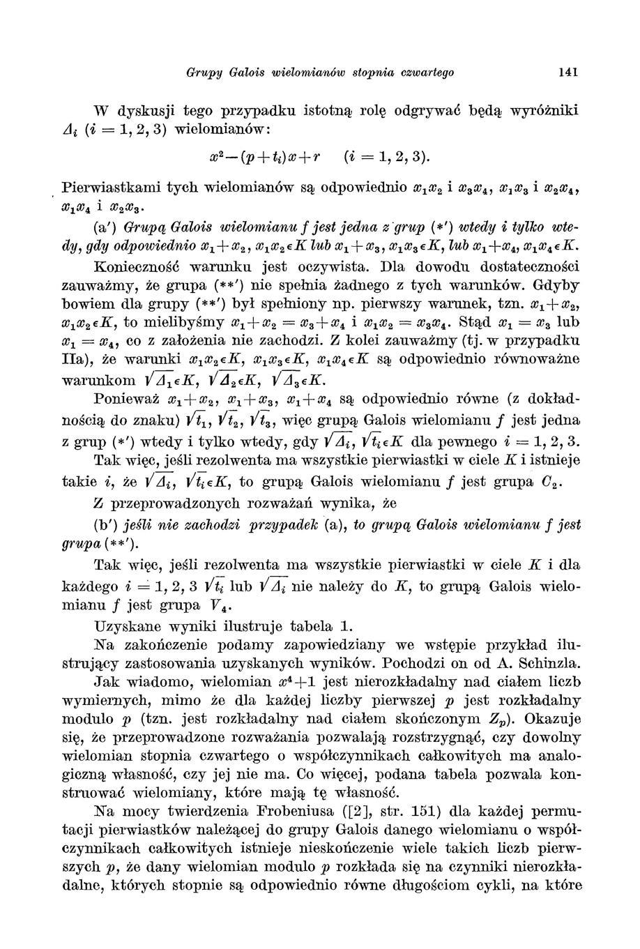 Grupy Galois wielomianów stopnia czwartego 141 Lłi W dyskusji tego przypadku istotną rolę odgrywać będą wyróżniki (i = 1, 2, 3) wielomianów: x 2 -(p+ti)x+r (i= 1, 2, 3).