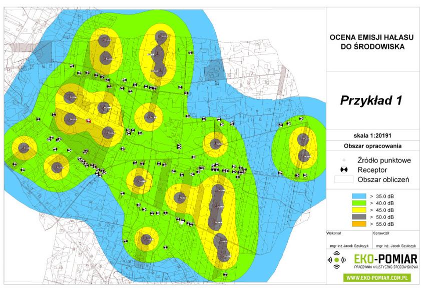 3. Mapa akustyczna przedstawiająca izolinie poziomów dźwięku przy