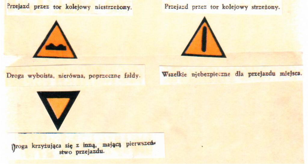 Traffic warning signs in 1940 Obecnie wszystkich znaków ostrzegawczych jest 42 (wyglądają podobnie do dawnych, różnią się kolorem obwódki, zamiast czarnej jest czerwona), w tym: 19 dotyczy ostrzeżeń