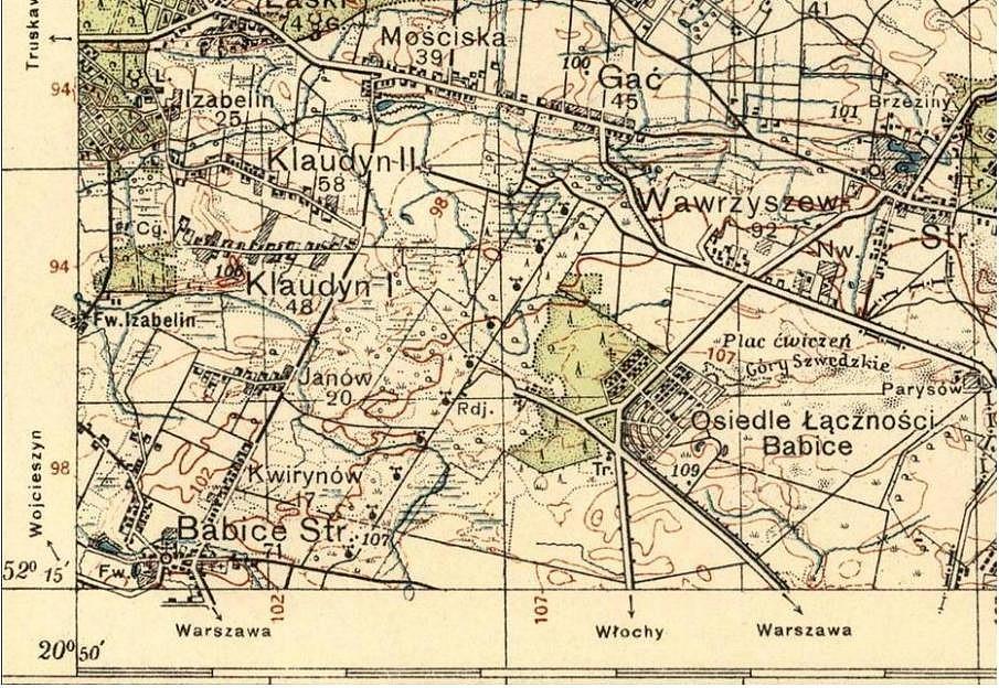 Fragment terenu Radiostacji na mapie Warszawa północ P39-S32 w skali 1:100000, z 1923