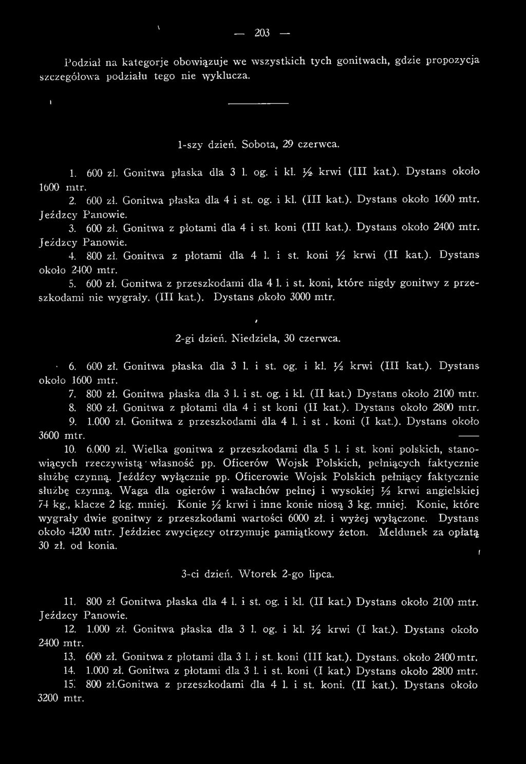 koni (III kat.). D ystans około 2400 m tr. Jeźdźcy Panowie. 4. 800 zł. Gonitwa z płotam i dla 4 1. i st. koni / krw i (II kat.). D ystans około 2400 m tr. 5. 600 zł. Gonitwa z przeszkodam i dla 4 1.