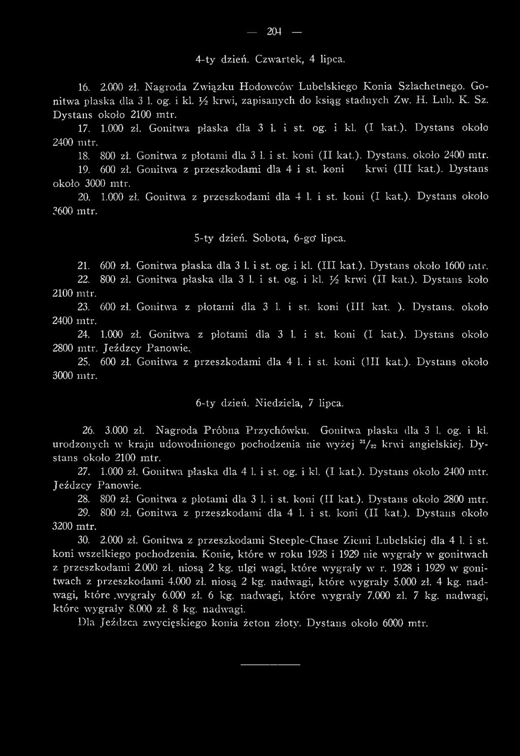 Gonitwa z przeszkodam i dla 4 i st. koni krw i (III kat.). D ystans około 3000 m tr. 20. l.ooó zł. Gonitwa z przeszkodam i dla 4 1. i st. koni (I kat.). D ystans około 3600 m tr. 5-ty dzień.