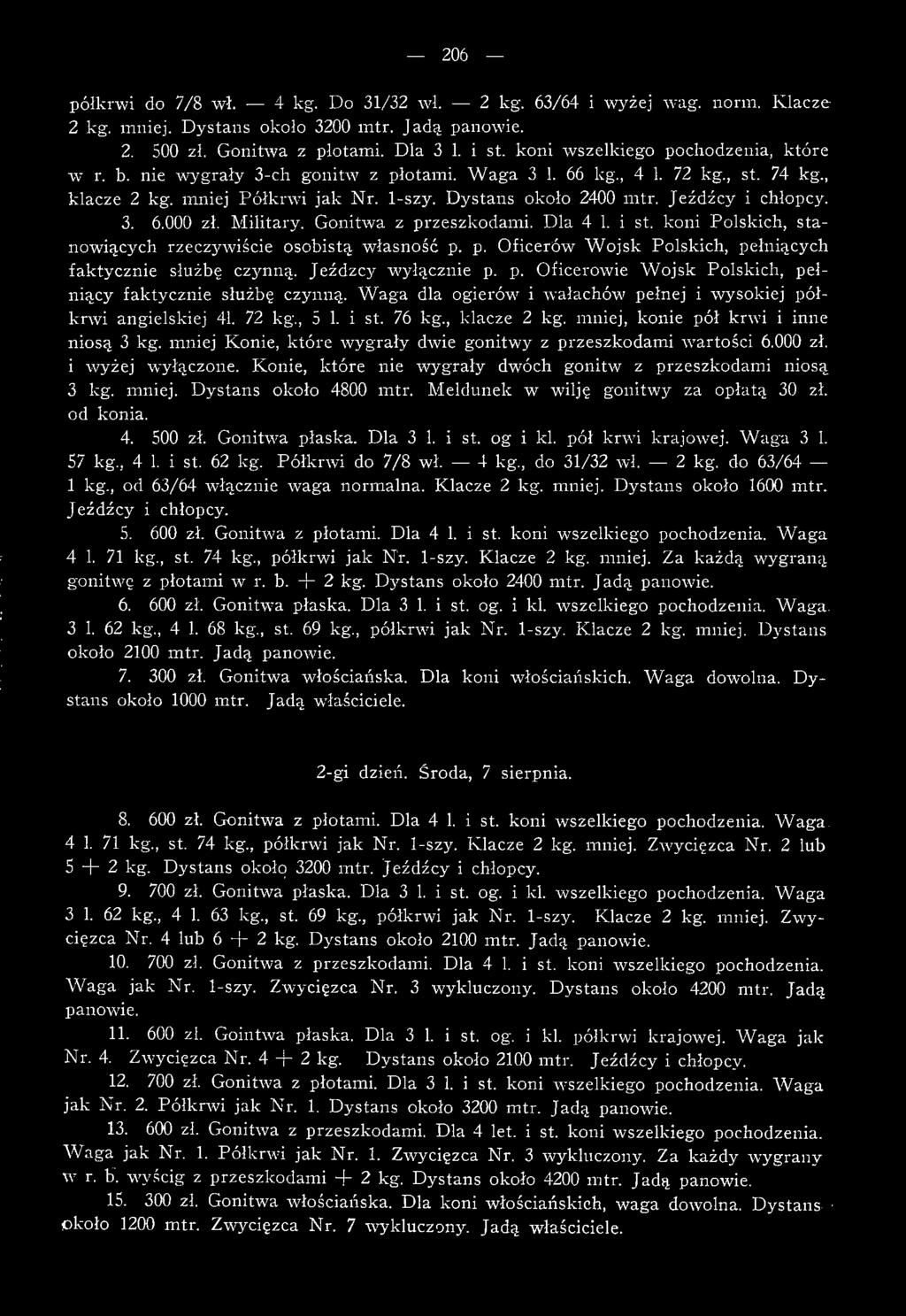 Jeźdźcy i chłopcy. 3. 6.000 zł. M ilitary. Gonitwa z przeszkodami. Dla 4 1. i st. koni Polskich, stanowiących rzeczywiście osobistą w łasność p. p. O ficerów W ojsk Polskich, pełniących faktycznie służbę czjmną.