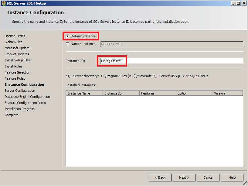 W oknie Instance Configuration należy zaznaczyć opcję Default instance i w polu Instance ID należy